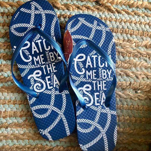 Beach FLIP FLOPS Blue Bee Positive + Nautical Rope “Catch Me By The Sea 7/8 - Picture 2 of 5